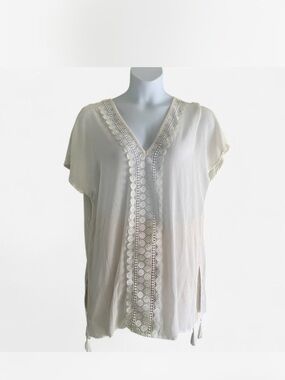 Kona Sol Cream Lace-Trim V-Neck Tunic